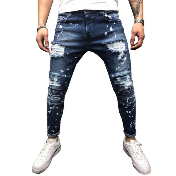 Homens estiramento destruído rasgado ponto de pintura jeans motociclista nova moda zíper jeans magros284z