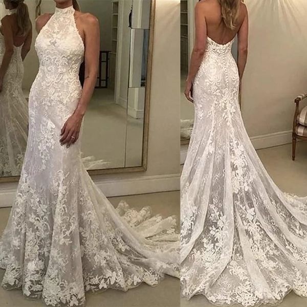 Halter Mermaid Beach Vestidos de casamento sem mangas Lace Applique Sweep Train Open Back Trumpet vestido de noiva Vestidos Novia Baratos 328 328