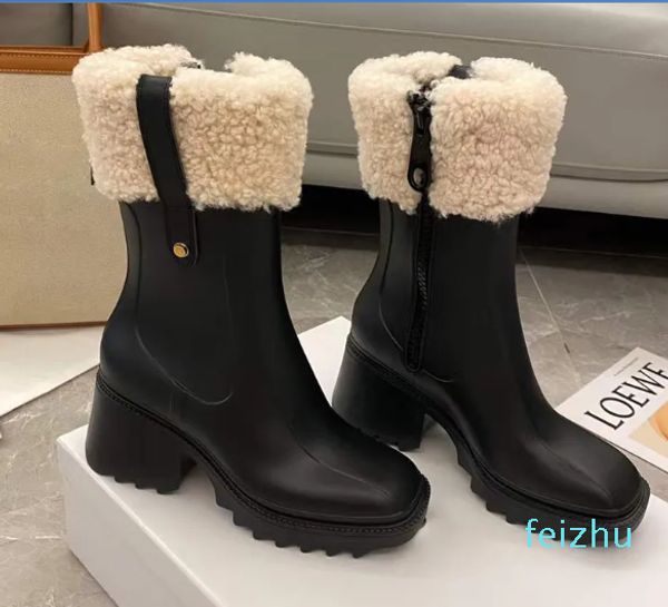 Stiefel mit Absätzen, Fell, hohe Absätze, kniehoher, hoher Regenstiefel, wasserdicht, Gummisohlen, Plateauschuhe, Outdoor-Regenschuhe, luxuriöse Designer-Fabrikschuhe