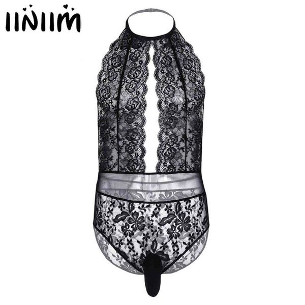 Lingerie da uomo Body in pizzo trasparente Crossdress Intimo sexy Backless Cut Out Sissy Gay Male Pouch Jockstraps Nightwear189y