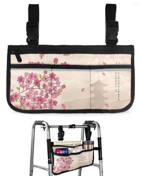 Сумки для хранения Cherry Blossom Flower Tower Японская сумка для инвалидной коляски с карманами Подлокотник сбоку Чехол для прогулочной рамы для электрического скутера