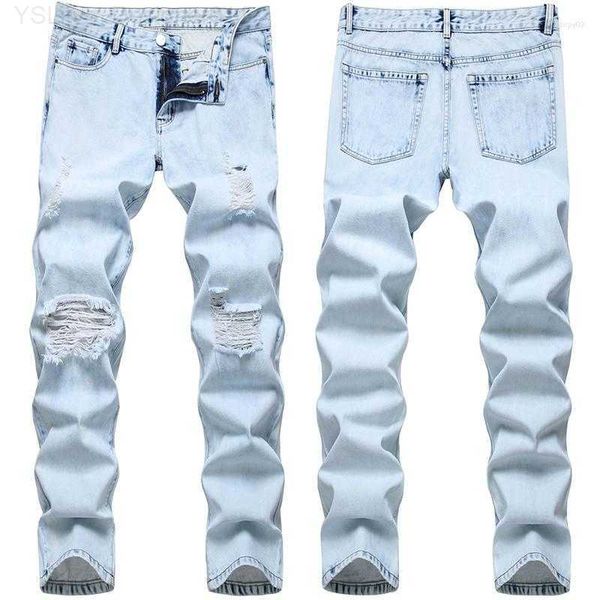 Jeans masculinos jeans masculinos buraco arruinado artesanato frito floco de neve cor clara não-elástico denim calças justas 2023 l230911pp