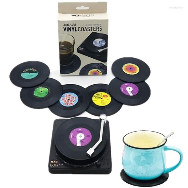 Tapetes de mesa Est 6 Pcs Plástico Retro Record Cup Mat Anti-Slip Coffee Coasters Resistente ao Calor Música Bebida Caneca Placemat