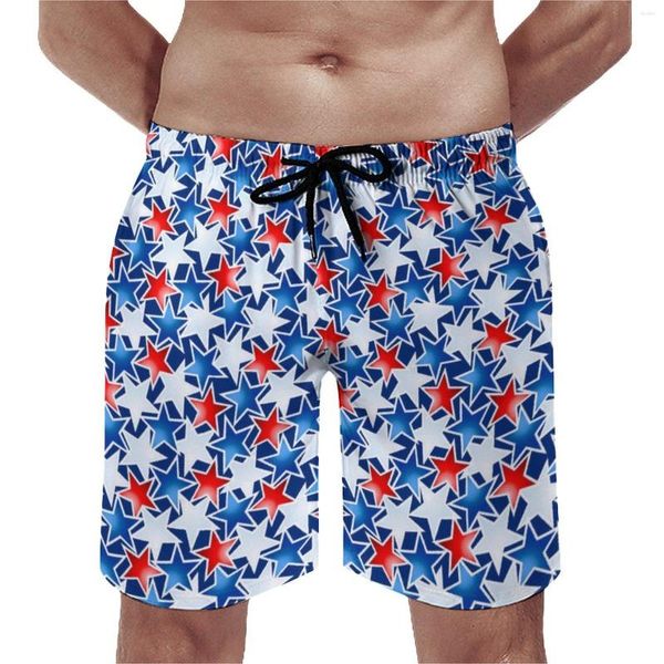 Pantaloncini da uomo con stampa di stelle, pantaloni da spiaggia da uomo alla moda, costume da bagno oversize rosso bianco e blu di qualità