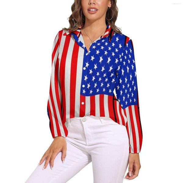 Camicette da donna Camicetta morbida con bandiera americana Donna Celebrate USA Rosso Bianco Blu Moda coreana Maniche lunghe larghe Camicie graziose Design Top