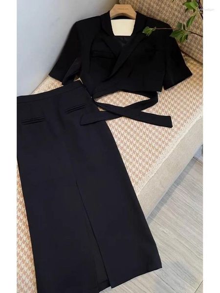 Vestido de duas peças Insozkdg Verão Preto 2 Peças Set Mulheres Senhora Temperamento Formal Casual Strap Curto Casaco Cropped Cintura Alta Saia Slim Ternos