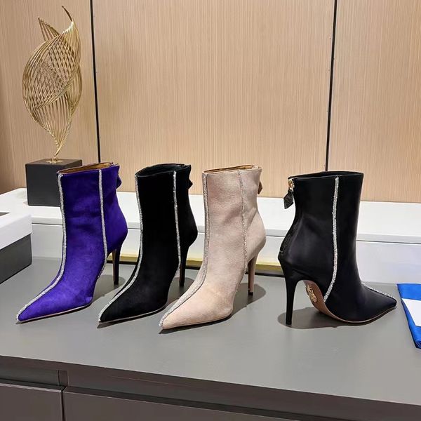 En iyi aquazzura ayak bileği botları kadınlar 10.5 cm yüksekliğinde sivri moda boot rahat arka zipper yarım bot tasarımcı ayakkabıları koyun derisi süet rhinestone şövalye çizme