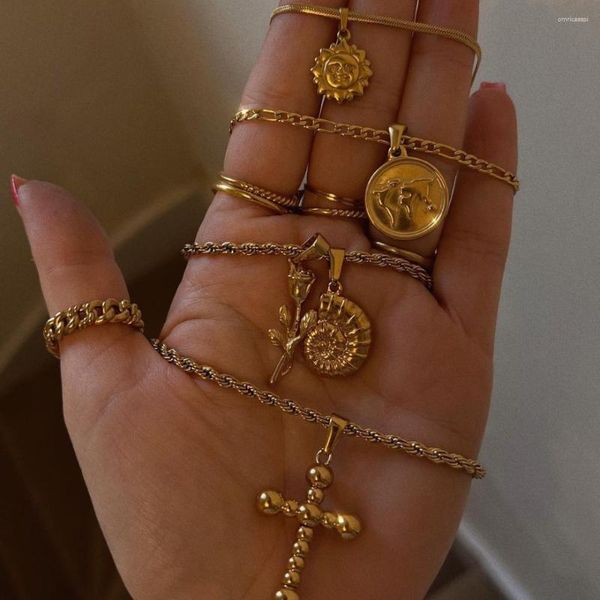 Anhänger Halsketten Mode Vintage Edelstahl Überzogene 18k Echt Gold Kreuz Sonne Halskette Für Frauen Amor Ketten Schmuck Rebajas Y Envio