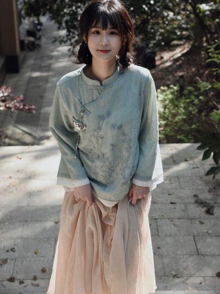 Abbigliamento etnico Stile cinese Fibbia a piastra da donna Cheongsam Piccolo uomo Abito retrò letterario Abiti di classe Dipartimento di Buddha Zen