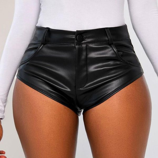 Shorts femininos esportivos ao ar livre pu couro falso preto cintura média moda casual fim de semana micro elástico curto conforto liso