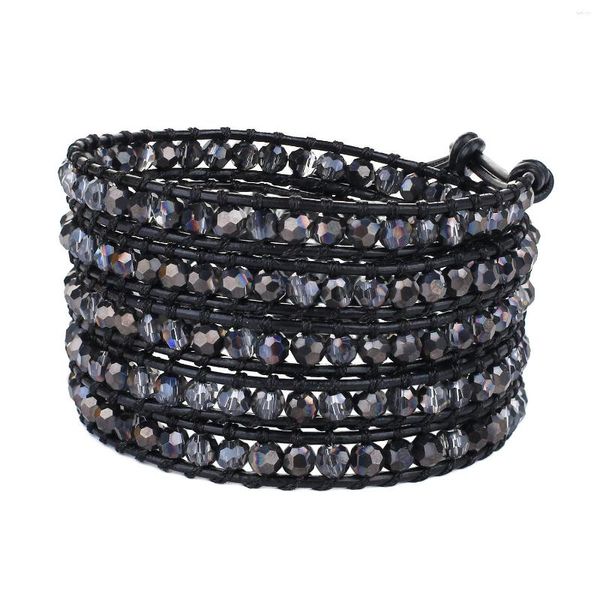 Charme Pulseiras Kelitch Black Crystal Beads Handmade 5 Wrap Strand Pulseira De Couro Bangles Jóias Mulheres Homens Casal Cadeia