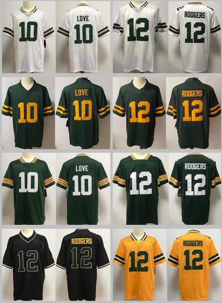 10 Love Stitched Football Jerseys 12 Aaron Rodgers Homens Mulheres Juventude S-3XL Verde e Branco Home Away Jersey