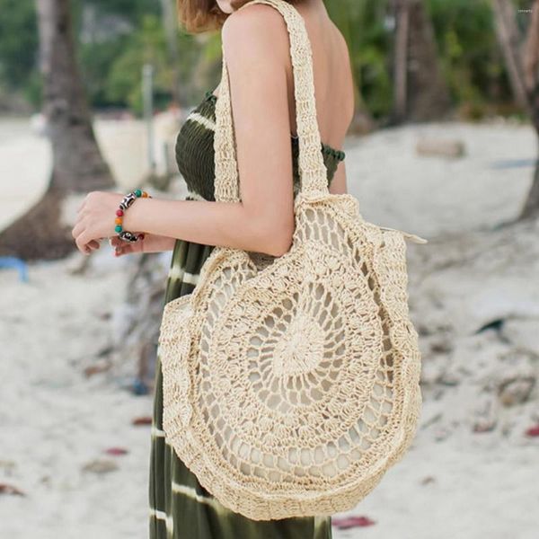 Borse a tracolla Rotonde da donna Borsa a tracolla in paglia cava Borsa da spiaggia tessuta fatta a mano Borsa da viaggio estiva per maglieria casual femminile