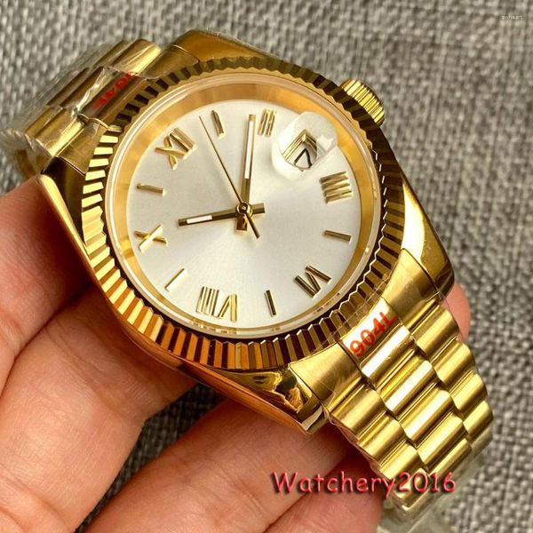 Relógios de pulso Luxury36mm 39mm Luminoso Amarelo Ouro Numeral Romano Dial Sapphire Vidro Japão NH35A Relógio Automático para Homens