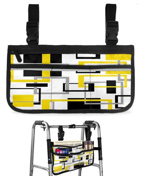 Borse portaoggetti Geometria astratta Quadrati Arte moderna Nero Giallo Borsa per sedia a rotelle Borsa per telaio da passeggio per scooter elettrico laterale sul bracciolo