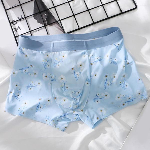 Cuecas masculinas sem costura floral impressão ultra-fina gelo seda respirável confortável boxer briefs shorts bulge roupa interior