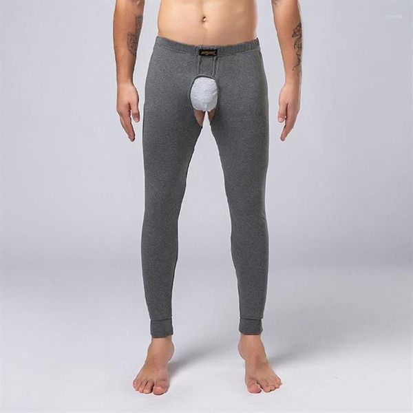 Roupa interior térmica masculina calças de virilha aberta respirável confortável longo com furos linha fina algodão bottoming masculino quente au288u