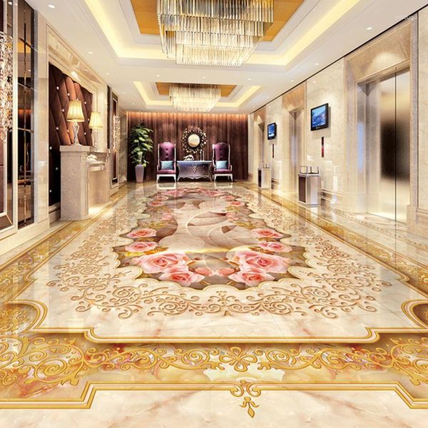 Sfondi Murales personalizzati per pavimenti 3D Imitazione motivo floreale in marmo Soggiorno di lusso Piastrelle per ingresso Adesivo murale Carta da parati autoadesiva