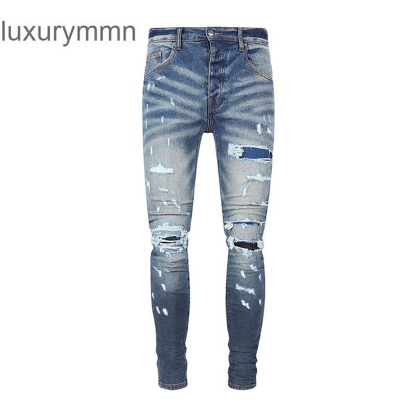 Denim Amiryes Jeans Designer Pantaloni Uomo Uomo Jean Nuova moda Blu scuro Falso toppa perforata da uomo MFKB