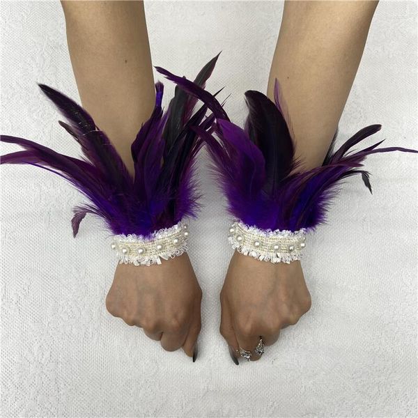 Pulseira galo pena punhos feminino destacável pérola braço de pulso brecelet gótico rave festa adereços palco cosplay manchette en plumas