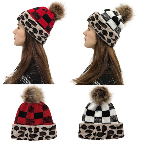 Abnehmbare Haarballen-Strickmütze mit 2-farbigem Leopardenmuster, weihnachtliche karierte Wollmütze mit gekräuseltem Rand, stilvolle warme Outdoor-Mütze für Damen