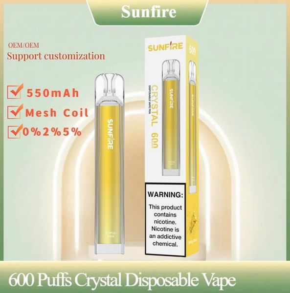 Sunfire Crystal S600 sbuffi usa e getta E sigaretta a vaporizzazione elettronica all'ingrosso 600 1500 5000 pazzo oem ODM Servizio 2% 3% 5% in stock E fornitura di fabbrica di sigarette elettroniche