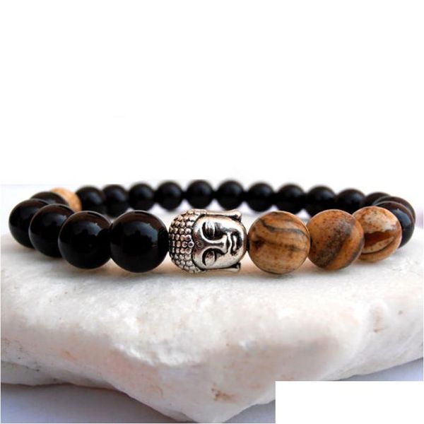 Frisado Sn0560 Energia Pulseira Homens Buddha Onyx Imagem Jasper Meditação Pedra Natural Atacado Gota Entrega Jóias Bracele Dhgarden Dhxgf