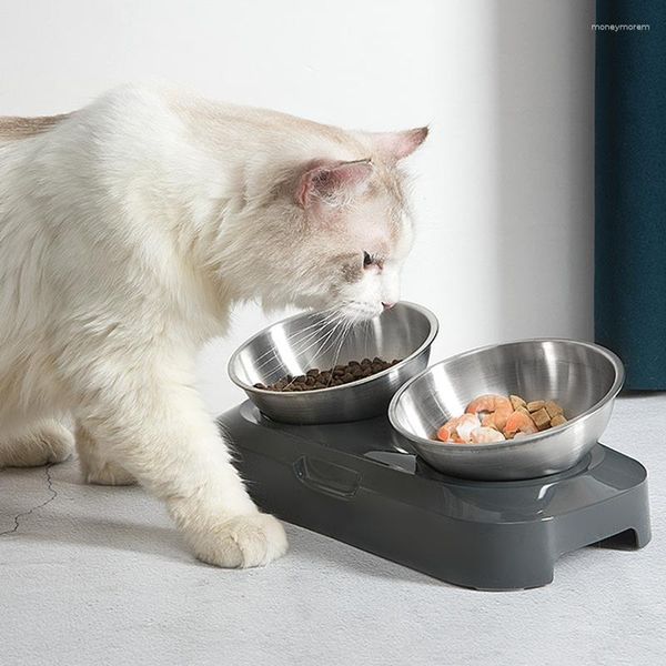 Tigelas para gatos em aço inoxidável, tigela dupla para animais de estimação, antiderrapante, ajustável, alimentação de água, fácil de limpar, suprimentos de comida para gatos