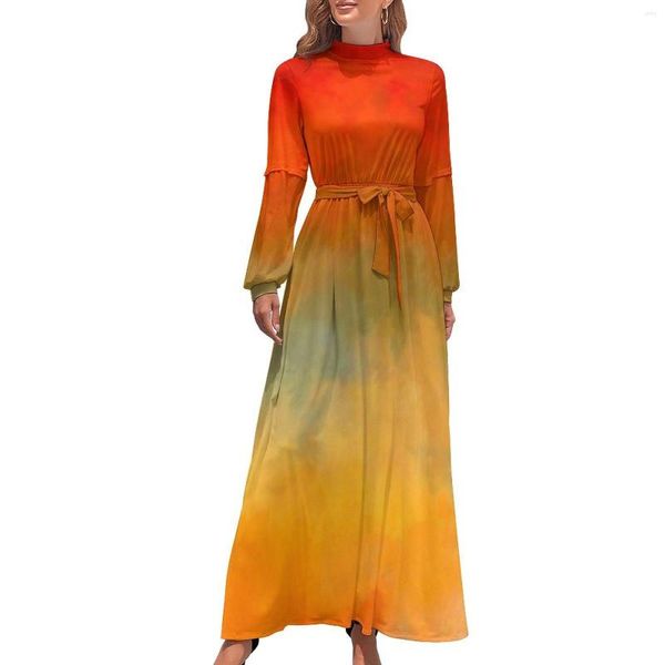 Vestidos casuais pôr do sol cores vestido abstrato arte impressão vintage gráfico maxi cintura alta manga longa estética boho praia