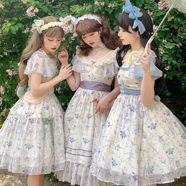 Saias Lolita OP Vestido Doce Kawaii Fresco Festa Bonito Princesa Japonesa Victorian Bow Impresso Roupas de Verão