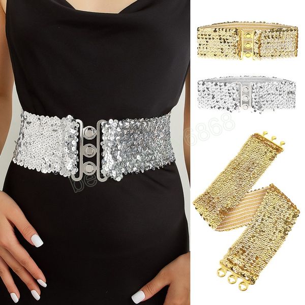 Moda lantejoulas glitter cinto de cintura larga estiramento espartilho cinta fivela de metal elástico cintura decorativa vestido feminino cinturas