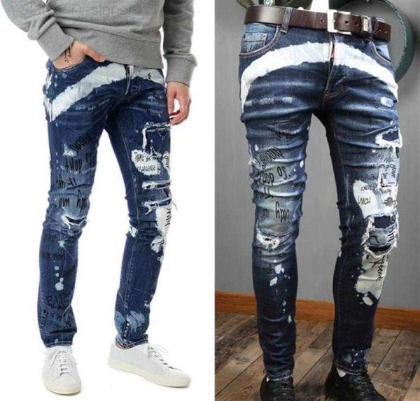 Herrenjeans Man Jeans Blue Graffiti Distressed Skater Sparkle Wash Skinny Fit Denim Pants mit abgenutztem Effekt Man267h5069016 L230911