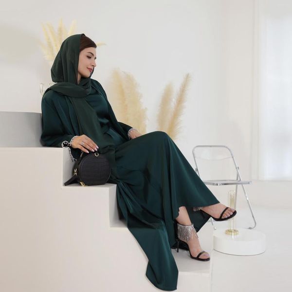 Abbigliamento etnico Abaya Set per donna Tessuto in raso Islamico musulmano Modesto 2 pezzi Abito senza maniche Kimono Dubai Hijabi (senza sciarpa)