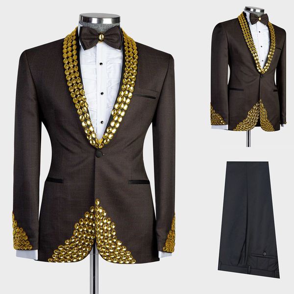 Tuxedos de mariage pour hommes, veste à revers avec perles en cristal doré, magnifique manteau de Costume 2 pièces sur mesure