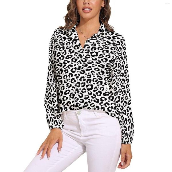Damenblusen, lockere Bluse mit Tiermotiv, schwarz-weiß, Leopardenmuster, lässig, übergroß, weiblich, langärmelig, Kawaii-Hemd, Herbst-Design-Top