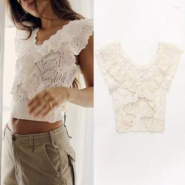 Frauen Tanks 2023 Frau Party Rüschen Stricken Top Wrap V-ausschnitt Ärmellose Y2K Kleidung Frauen Sommer Rüschen Elegante Crop