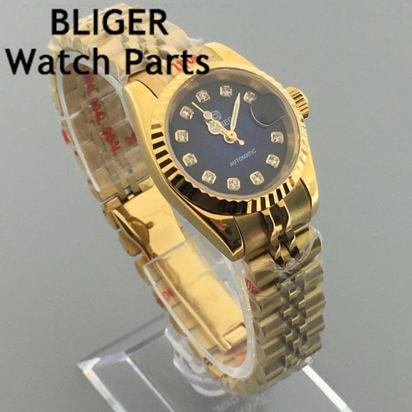 Relógios de pulso 26mm Japão NH05A Mulheres automáticas relógio de vidro de safira dois tons rosa ouro vermelho verde dial diamante índice pulseira de aço