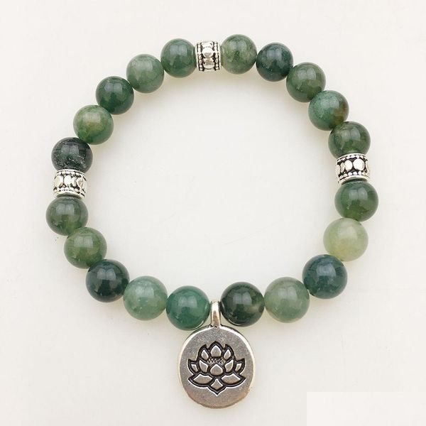 Perlen Sn1093 Neues Moosachat-Armband, Lotus-Charm, Erdungsschmuck, natürlicher Kristall, Heilstein, Meditation, Tropfenlieferung, Dhgarden, Dhjkm