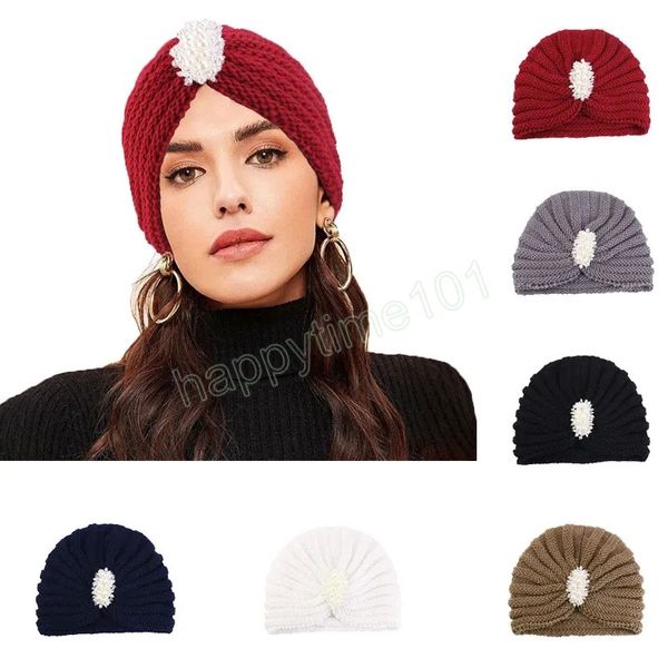 Moda kadınlar kışlık sıcak böğretimler İnci Elmaslar Aksesuarlar Yün Sıcak Örgü Şapka Headwrap Müslüman Kapak Hicab Türban Bonnet Kapağı