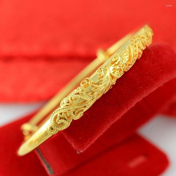 Bangle Mulheres Ajustar Estilo Étnico Pulseira Feminino Pavão Dragão Phoenix Amor Casamento 18k Amarelo Ouro Cheio Clássico Jóias Gif