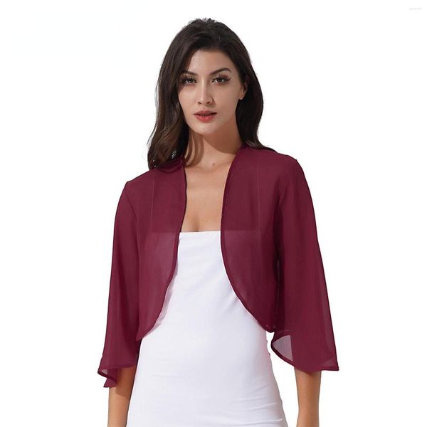 Jaquetas femininas Rosa Varsity Jacket Mulheres Mulheres 3/4 Manga Chiffon Cardigan Bolero