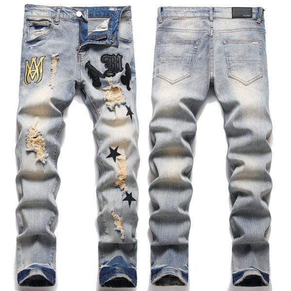 Ou Chao Buraco Quebrado dos homens AM Carta Estrela Bordado Slim Fit Calças Jeans Personalizado Crachá Rua Azul Primavera Pés Pequenos Calças Velhas