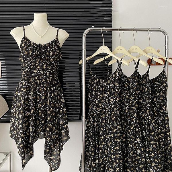 Vestidos casuais preto floral vestido feminino irregular break saia coreano moda saias tempero menina cintura fechada verão suspender mini