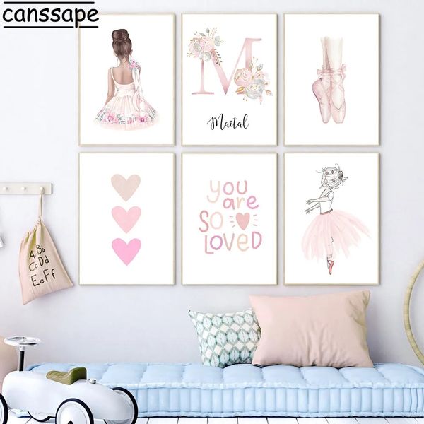 Fotos de parede com nome personalizado, flor rosa, pintura artística, balé, menina, poster artístico, impressões, berçário, posteres de parede, quarto de bebê l01