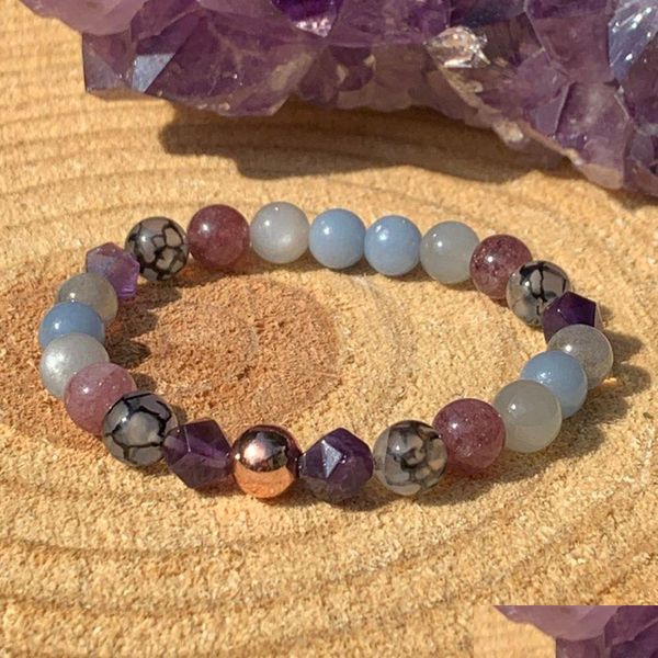 Frisado MG1458 Strand Cinza Moonstone Pulseira Ametista Angelite Gemstone Mista Web Ágata Lepidolite Pulso Mala Pulseiras Drop Dhgarden Dhrsd