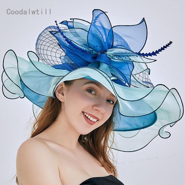 Ampla borda chapéus mulheres verão chapéu praia festa de sol com véus viagem fascinator senhora kenducky chapeau