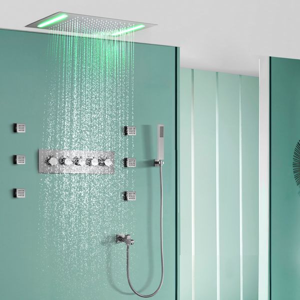 Set di rubinetti per doccia termostatici per bagno con nebulizzazione a pioggia a LED da 20 * 14 pollici incorporati a soffitto in nichel spazzolato
