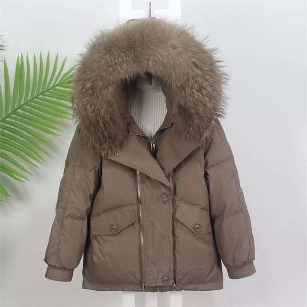 P Lettera Donna Piumino Parka Solido Donna Inverno Piumino Con cappuccio Grande collo in vera pelliccia Spessore caldo Cerniera femminile Piumini allentati coreani Nuova moda 220914