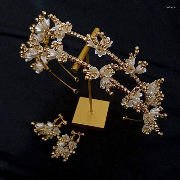 Fermagli per capelli Perle di perline di alta qualità Fascia per capelli da sposa Set con orecchino Gioielli femminili Accessori da sposa Tiara Corona Diadema