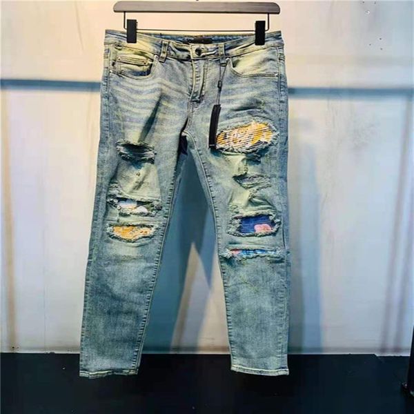 Designer Luxurys Jeans da uomo Ricamo casual Pantaloni patchwork vintage Applicazione classica Fori moda Motociclista Gamba sottile Was265t
